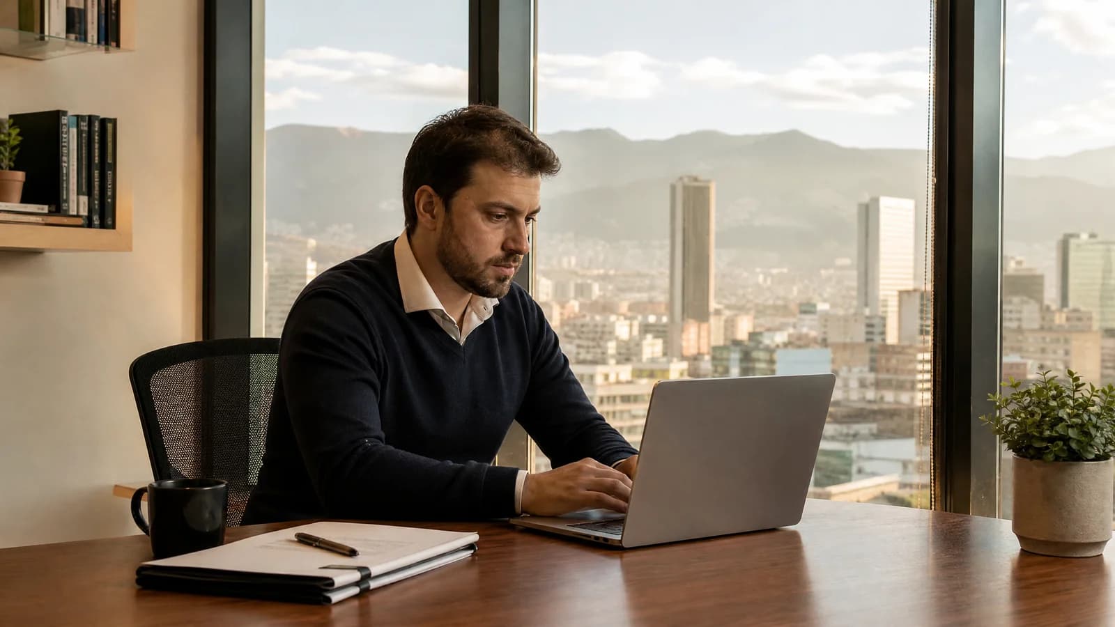 Person arbeitet konzentriert mit Laptop und Dokumenten an einem Schreibtisch mit Blick auf die Skyline von Bogota.