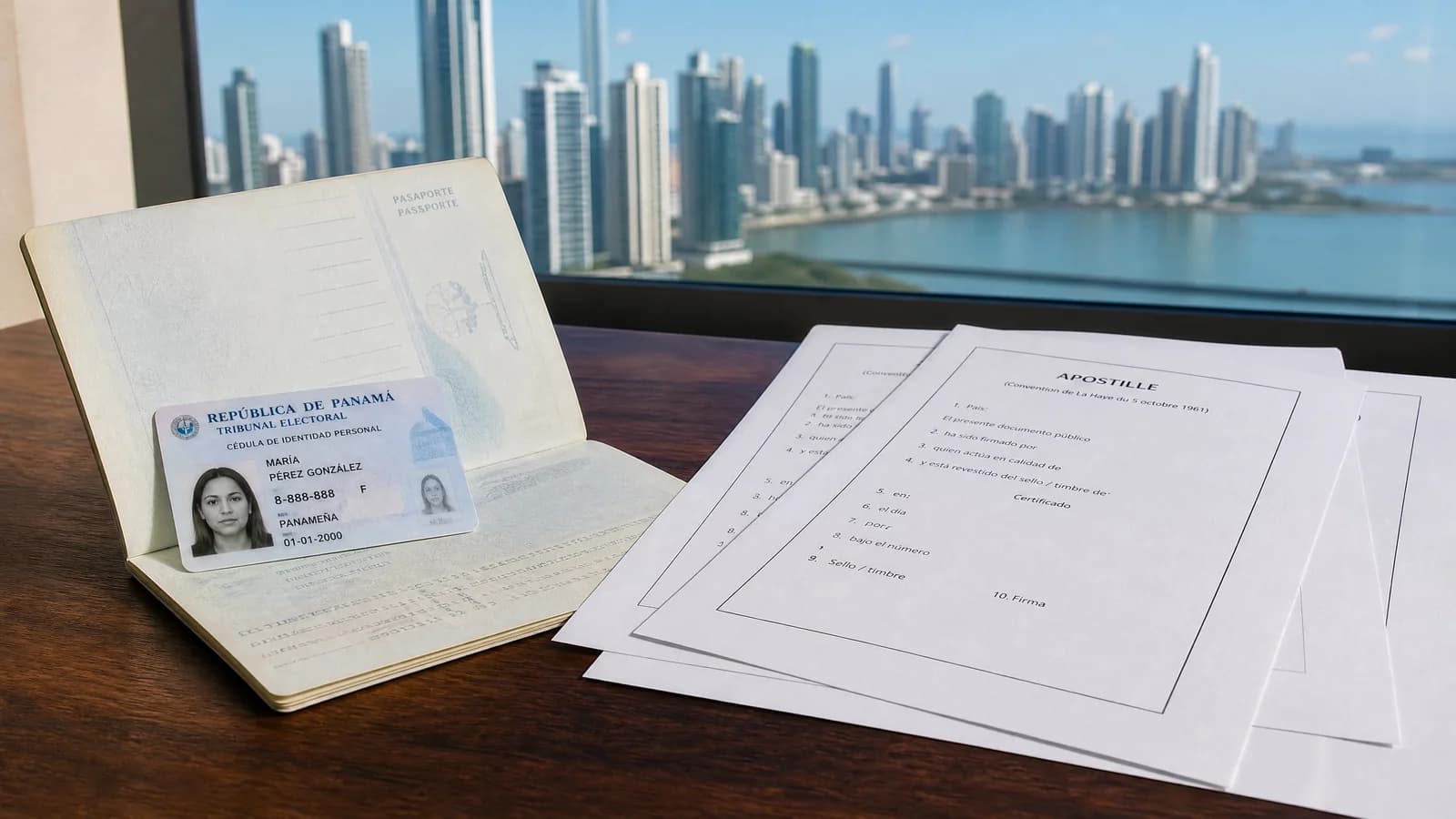 Reisepass, Cédula-Karte und apostillierte Dokumente vor der Skyline von Panama City