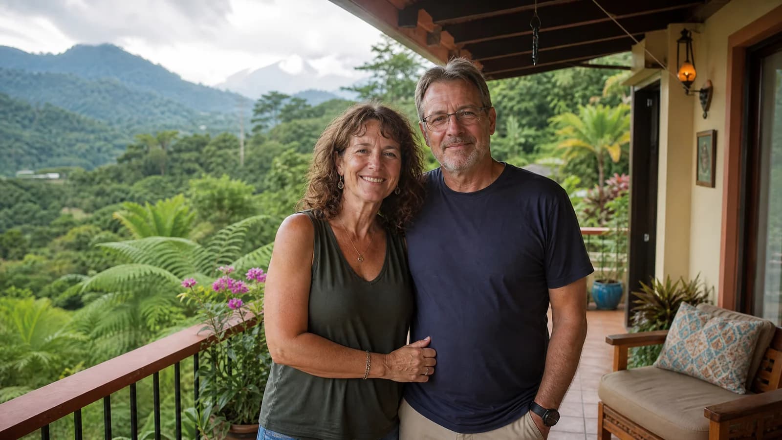 Paar auf der Terrasse eines Hauses im costa-ricanischen Hochland mit gruenen Bergen und Regenwald im Hintergrund.