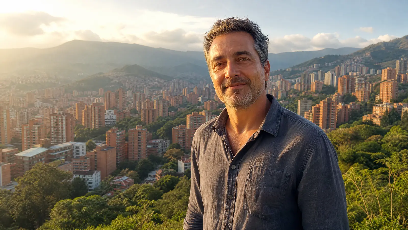 Auswanderer auf einem Aussichtspunkt ueber Medellin mit den gruenen Andentaelern im Hintergrund.