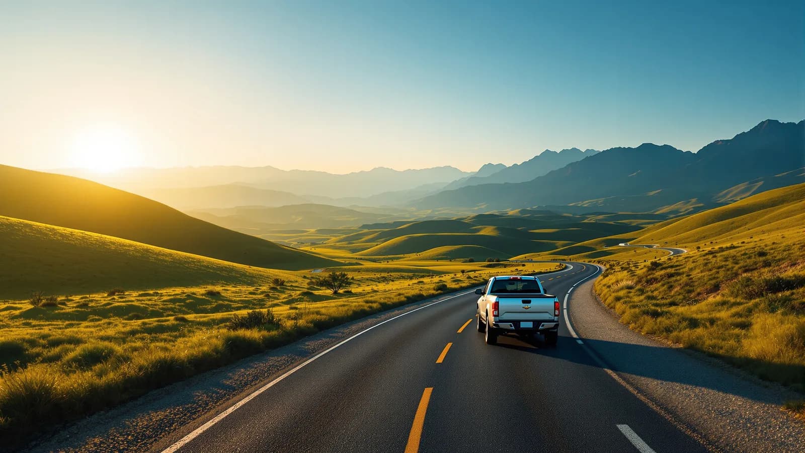 Auto fährt auf einer offenen kurvigen Straße durch eine weite lateinamerikanische Landschaft im goldenen Abendlicht.