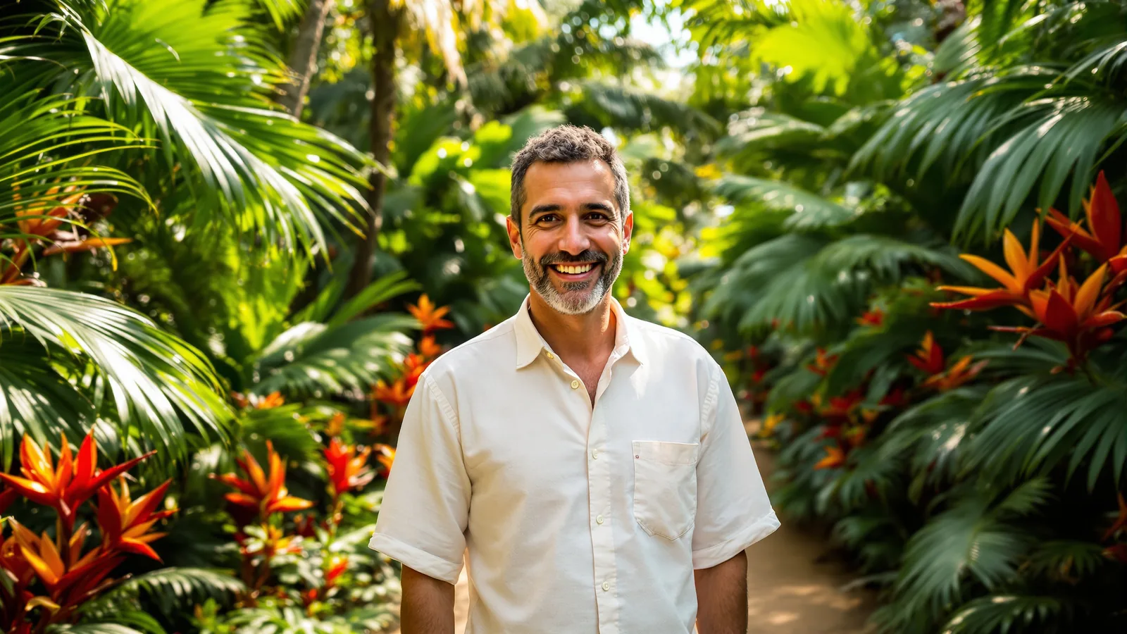 A man in his early forties with a short grey beard stands in a lush tropical garden between fan palms and red heliconias, laughing into the camera.