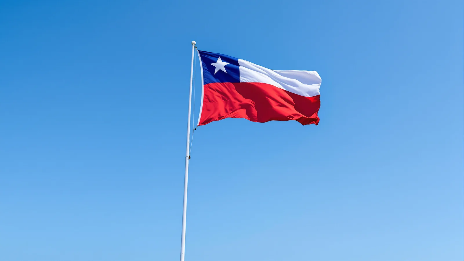 Chilenische Flagge weht im Seewind vor klarem blauem Himmel.