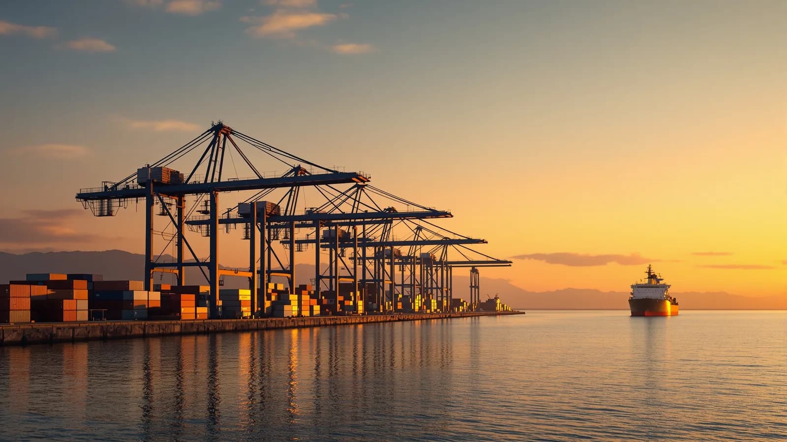 Moderner Containerhafen an der lateinamerikanischen Pazifikküste im Abendlicht
