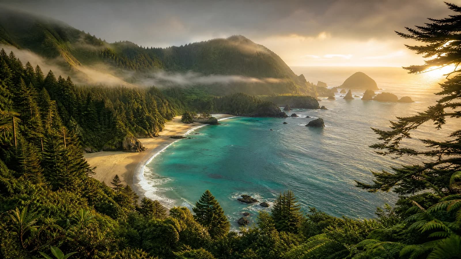 Grüne Pazifikküste, an der Regenwald auf das Meer trifft, im Morgenlicht