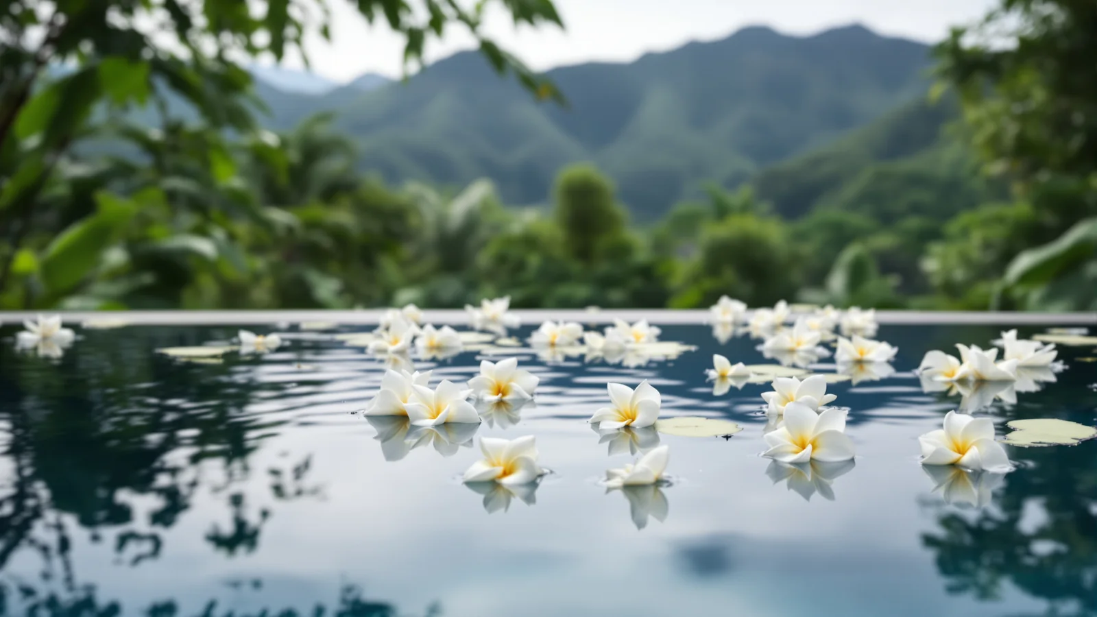 Ruhiger Poolrand mit schwimmenden Frangipani-Blüten, dahinter unscharf ein grüner Bergrücken.