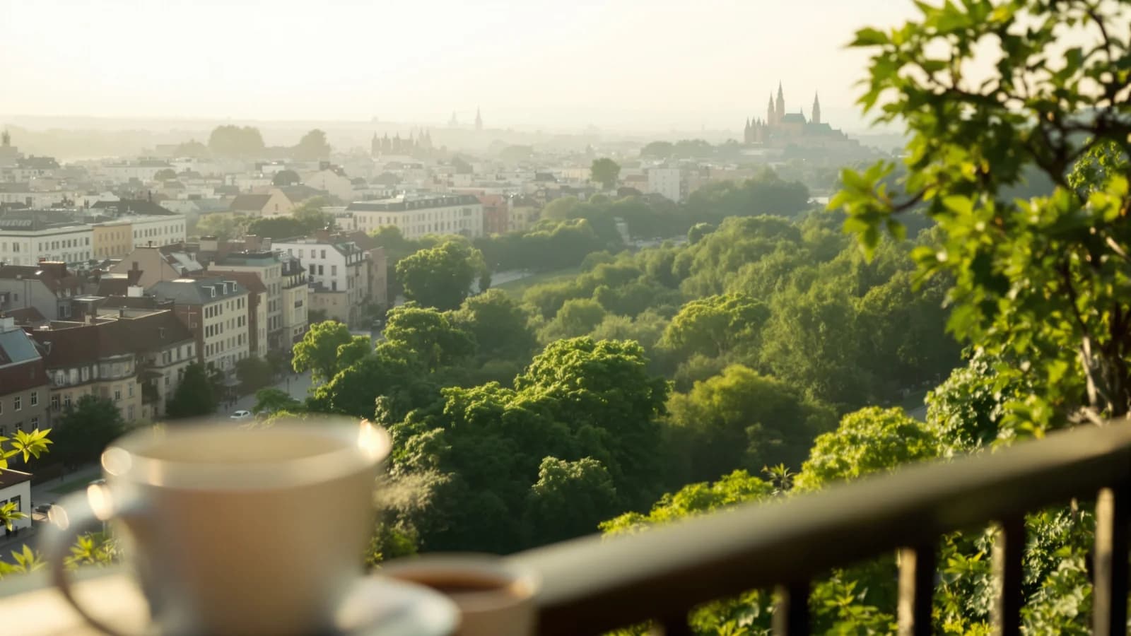 Blick von einer hohen Café-Terrasse über ein grünes Stadttal zur goldenen Stunde, zwei Tassen unscharf im Vordergrund.