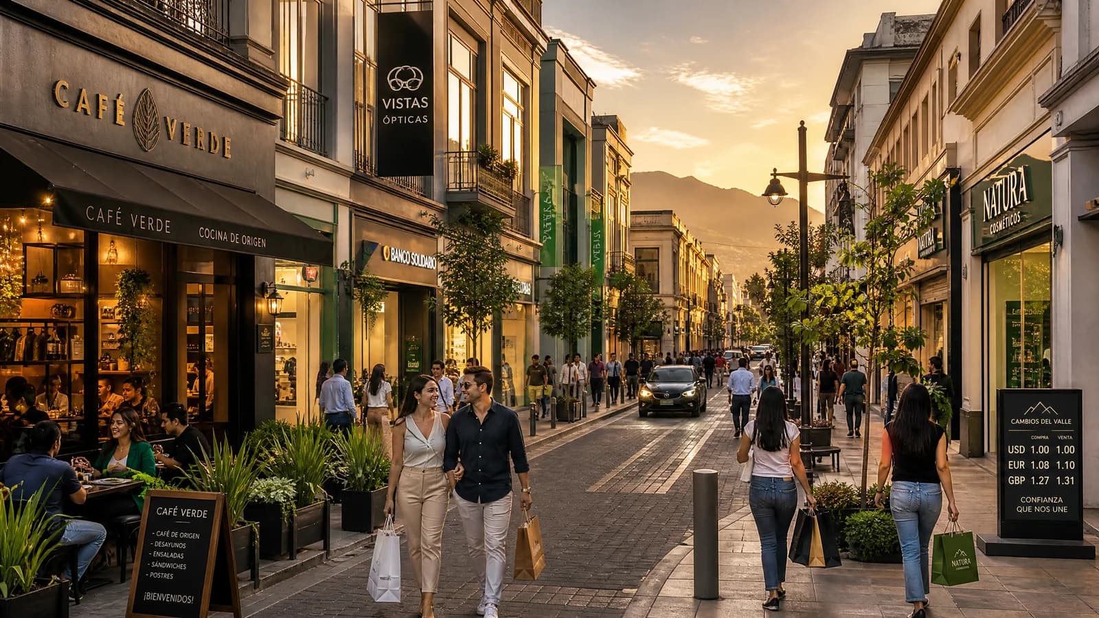 Belebte Geschäftsstraße in einer dollarisierten Stadt Lateinamerikas im Abendlicht