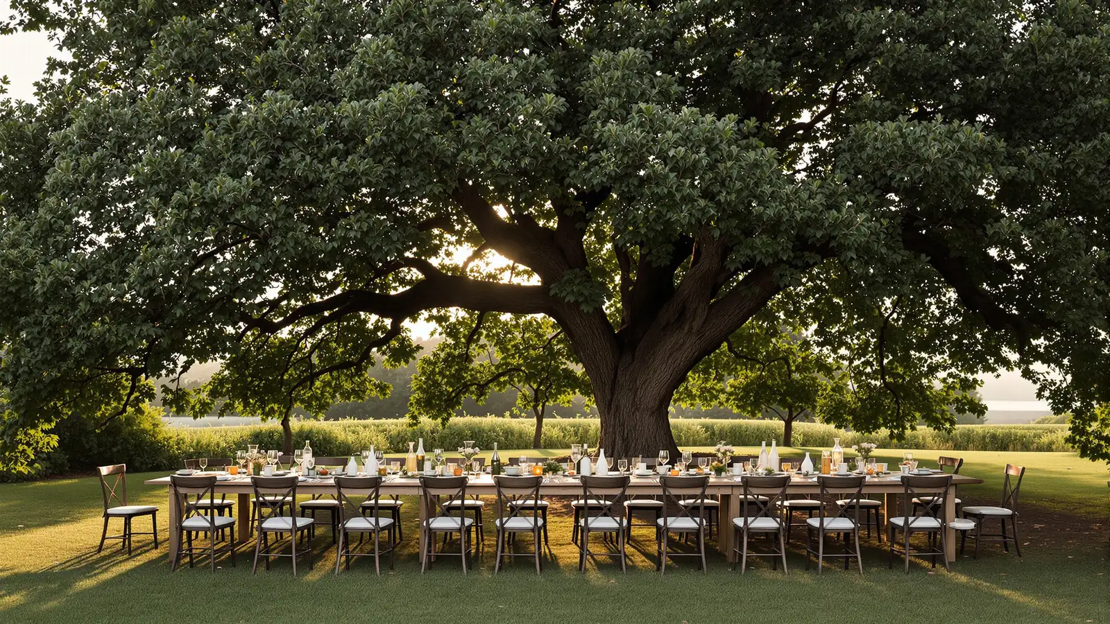 Lange Tafel unter einem alten Feigenbaum nach dem Essen, zurückgeschobene Stühle im Abendlicht.