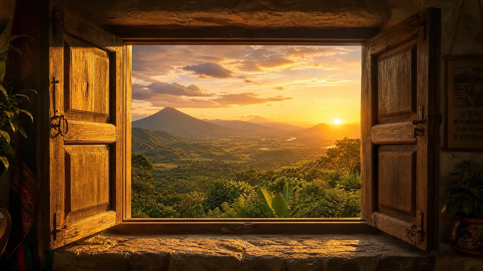 Offenes Holzfenster mit warmem Abendlicht auf der Fensterbank und einer lateinamerikanischen Landschaft dahinter