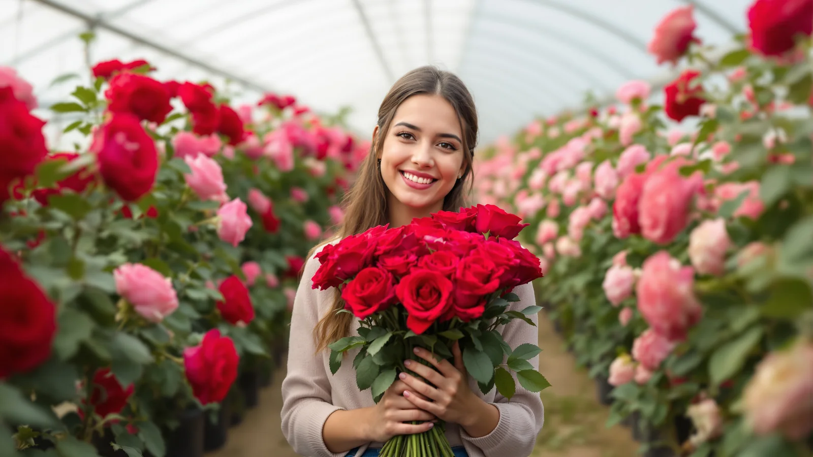 Eine junge Frau hält einen Strauß frisch geschnittener Rosen zwischen langen Rosenreihen in einem hellen Gewächshaus in Kolumbien.