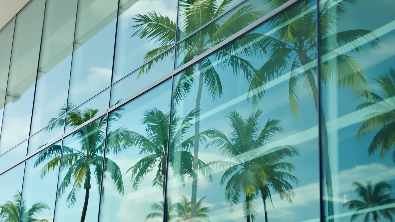 Moderne Glasfassade spiegelt Königspalmen und tropischen Himmel.