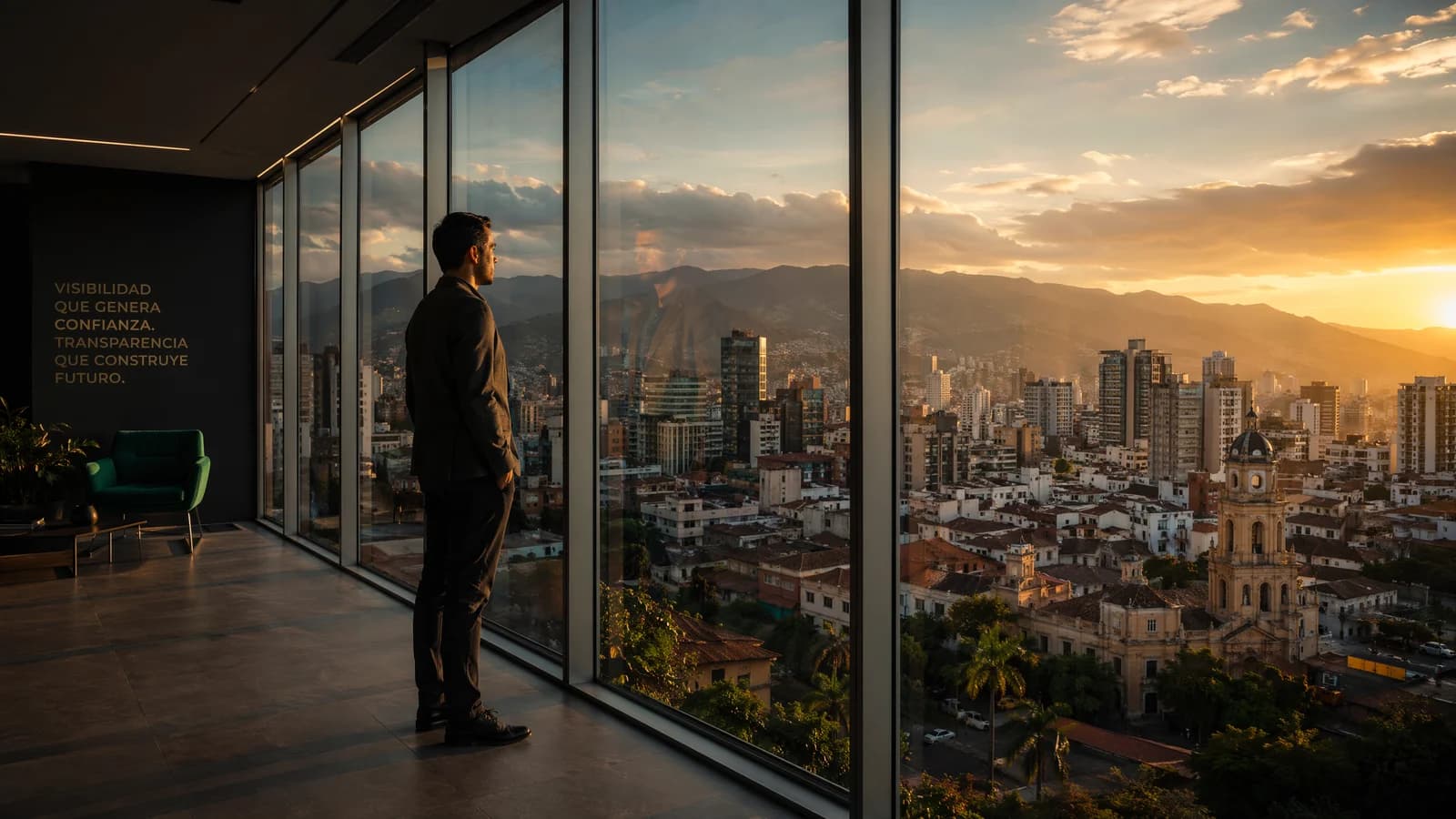 Mensch an einer Glasfront blickt im Abendlicht über eine lateinamerikanische Stadt, Spiegelbild im Glas