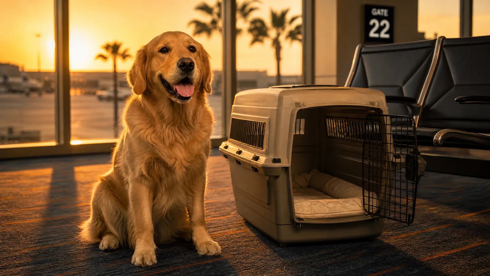 Ruhiger Hund neben einer Transportbox im goldenen Abendlicht an einem Flughafen-Gate.
