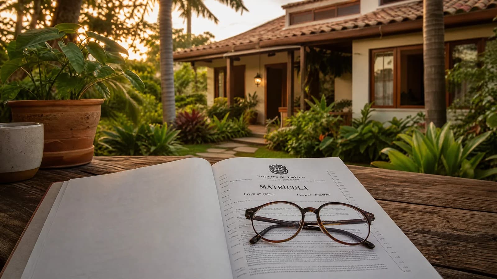Grundbuchauszug auf einem Tisch vor einem Wohnhaus mit tropischem Garten in Brasilien