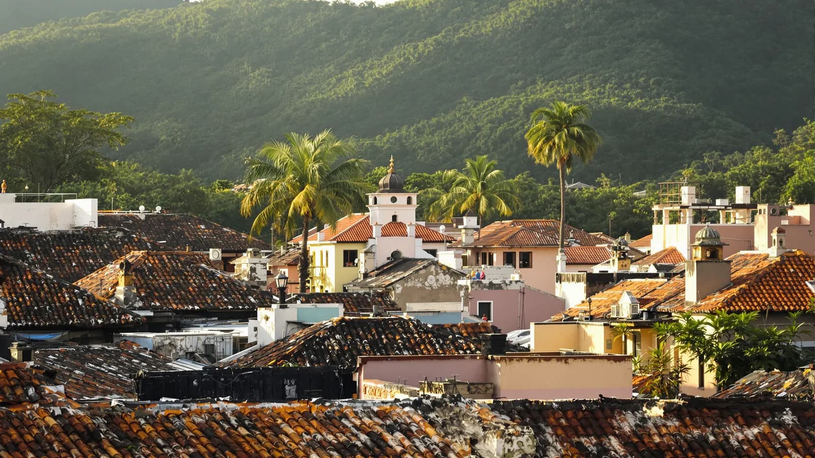 Terrakotta-Dächer und Pastellfassaden einer brasilianischen Kolonialstadt im Nachmittagslicht, Palmen zwischen den Häusern.