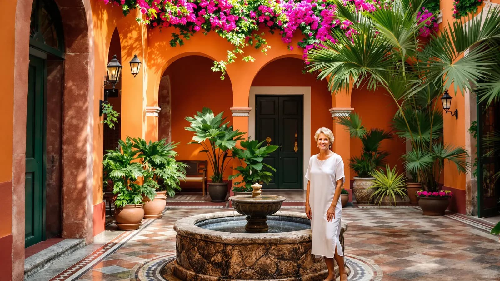 Eine Frau im weißen Leinenkleid steht neben einem Steinbrunnen im sonnigen Innenhof eines restaurierten Kolonialhauses in Mexiko.