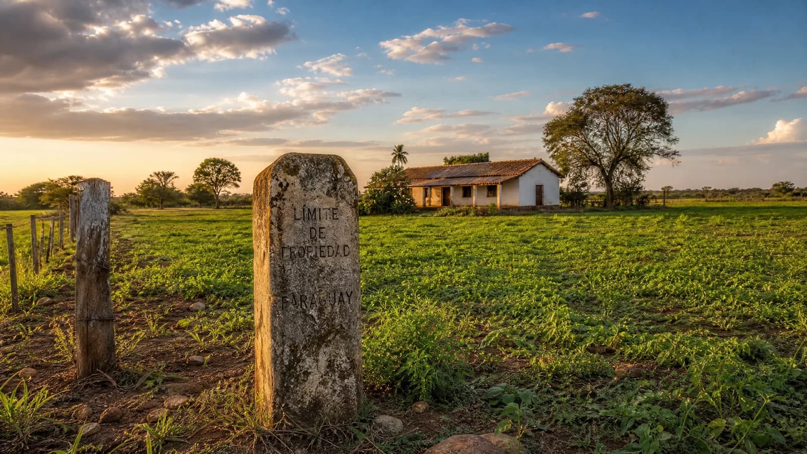 Weites paraguayisches Farmland mit Landhaus und verwittertem Grenzstein im goldenen Abendlicht