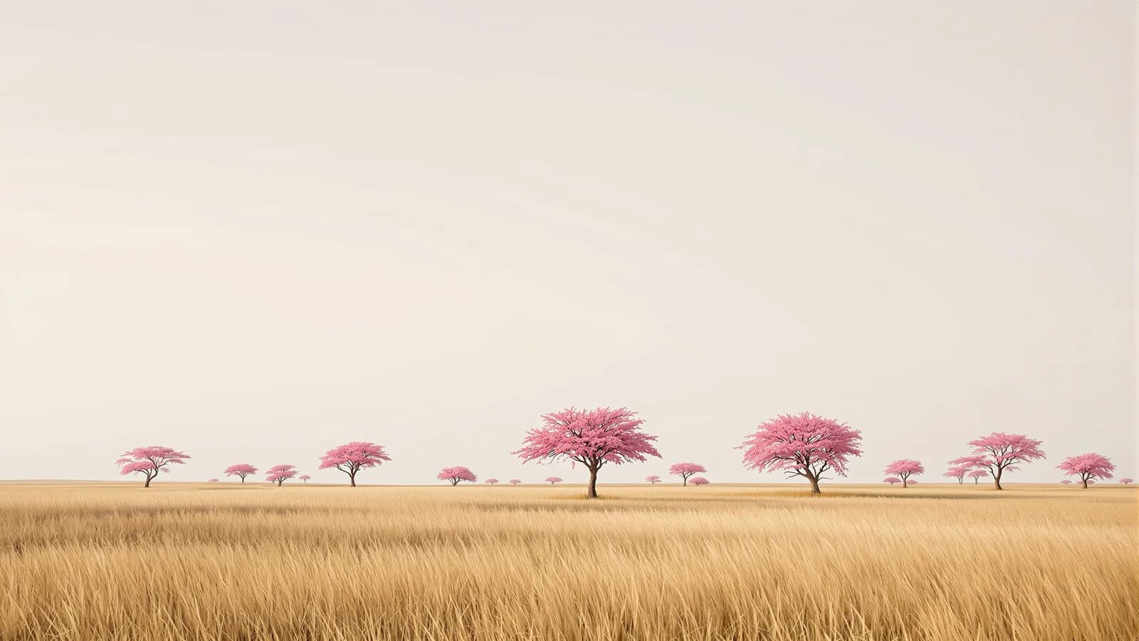 Weites Grasland mit rosa blühenden Lapacho-Bäumen unter einem großen Himmel.