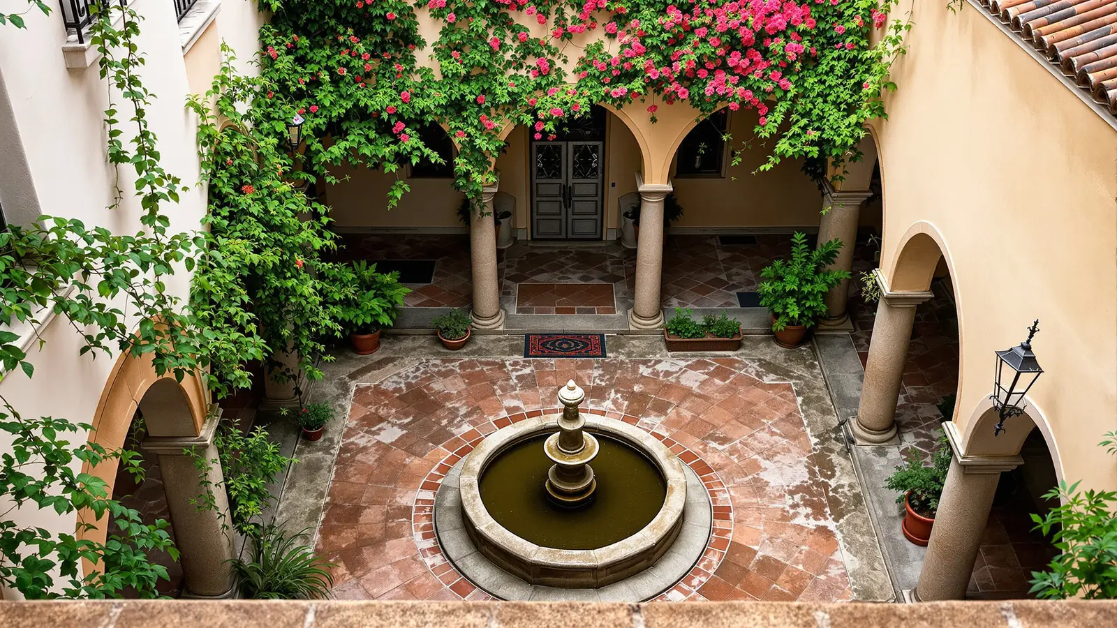 Blick von der oberen Arkade in einen Hazienda-Innenhof mit steinernem Brunnen und Bougainvillea.