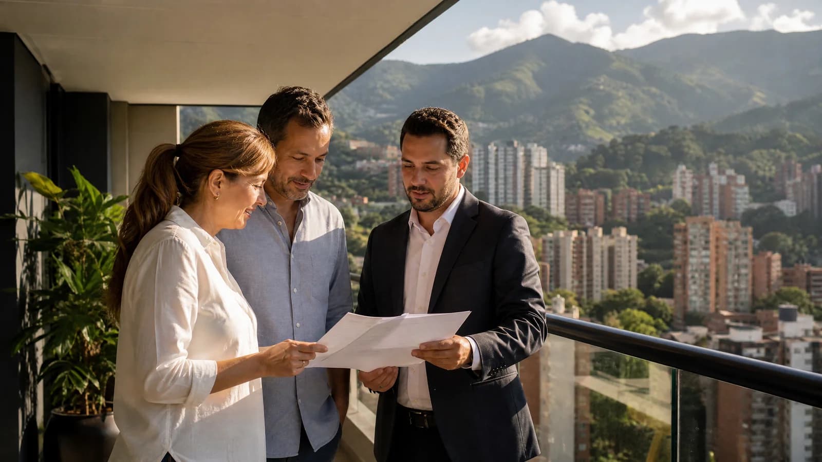 Paar mit kolumbianischem Anwalt auf dem Balkon einer modernen Stadtwohnung in Medellin mit den gruenen Anden im Hintergrund.