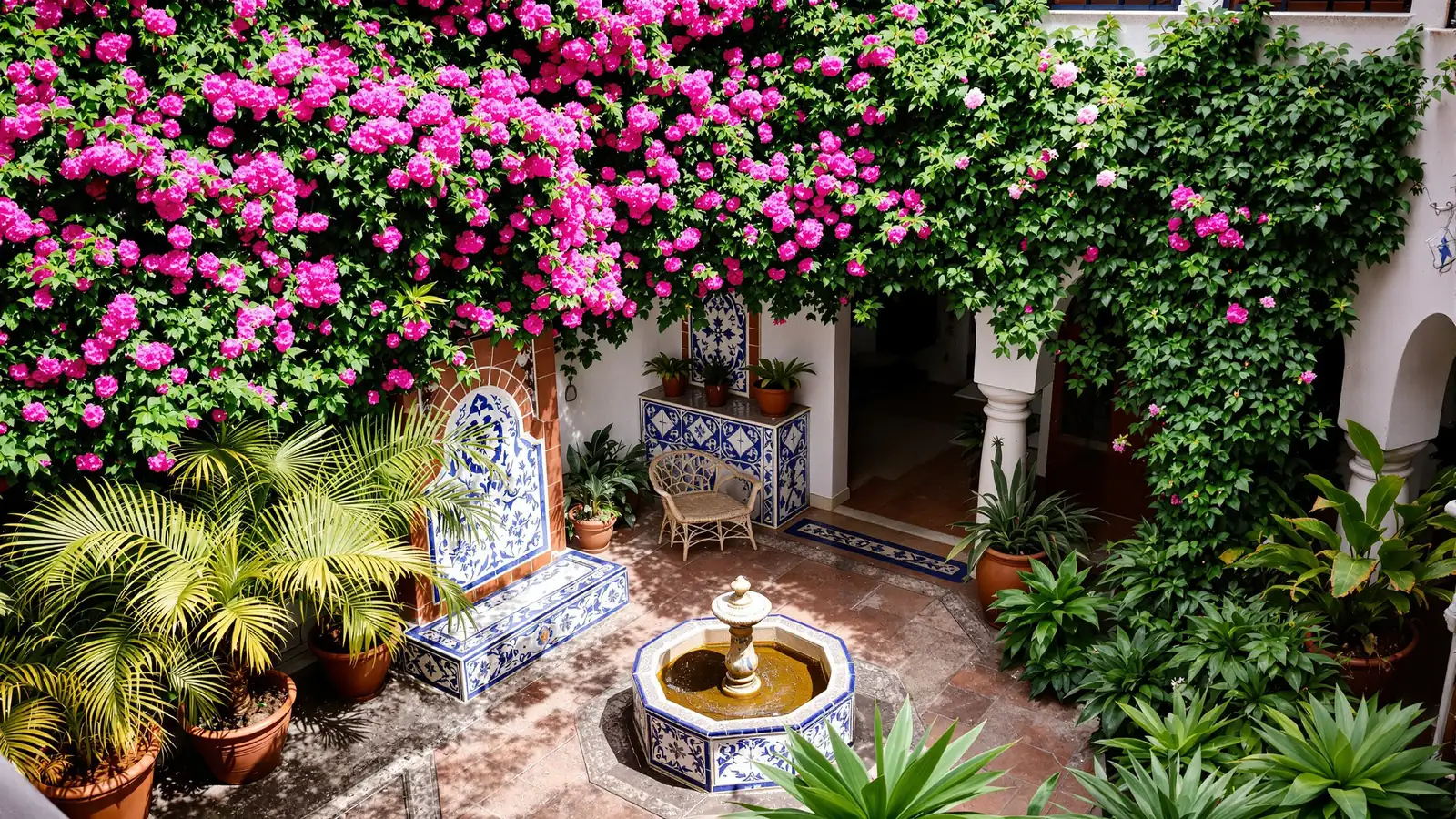 Blick vom Balkon in einen mexikanischen Innenhof mit Talavera-Brunnen und Bougainvillea.