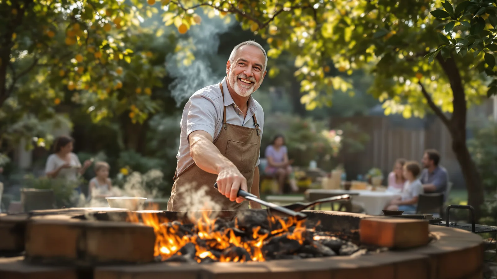 Ein Mann steht an einer gemauerten Parrilla mit glühender Kohle in einem grünen Hinterhof in Argentinien und lächelt in die Kamera.