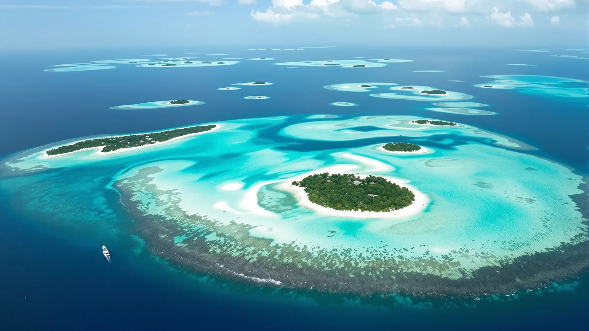 Luftaufnahme einer karibischen Bucht mit türkisblauem Wasser, Segelyacht und Palmenstrand