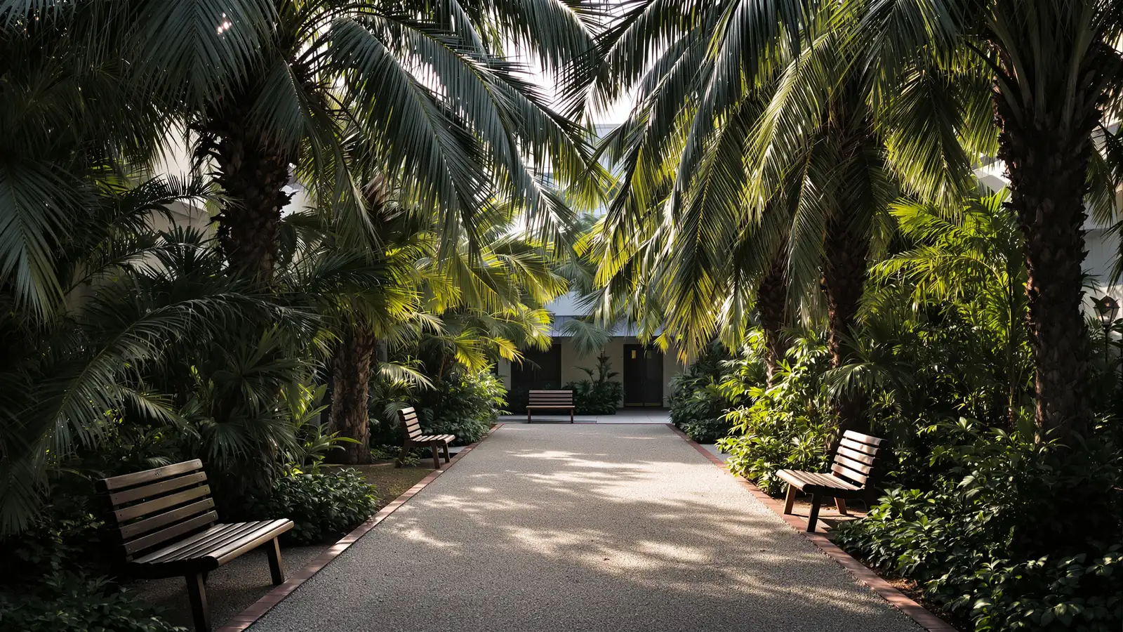 Schattiger Gartenhof mit Königspalmen und leeren Holzbänken an einem Kiesweg.