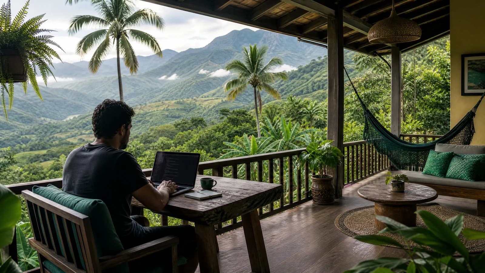 Person arbeitet mit Laptop auf einer Veranda in den grünen Hügeln Lateinamerikas
