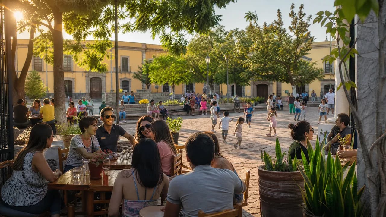 Lebendige Straßenszene in einer lateinamerikanischen Kolonialstadt mit Menschen und Cafés im Abendlicht