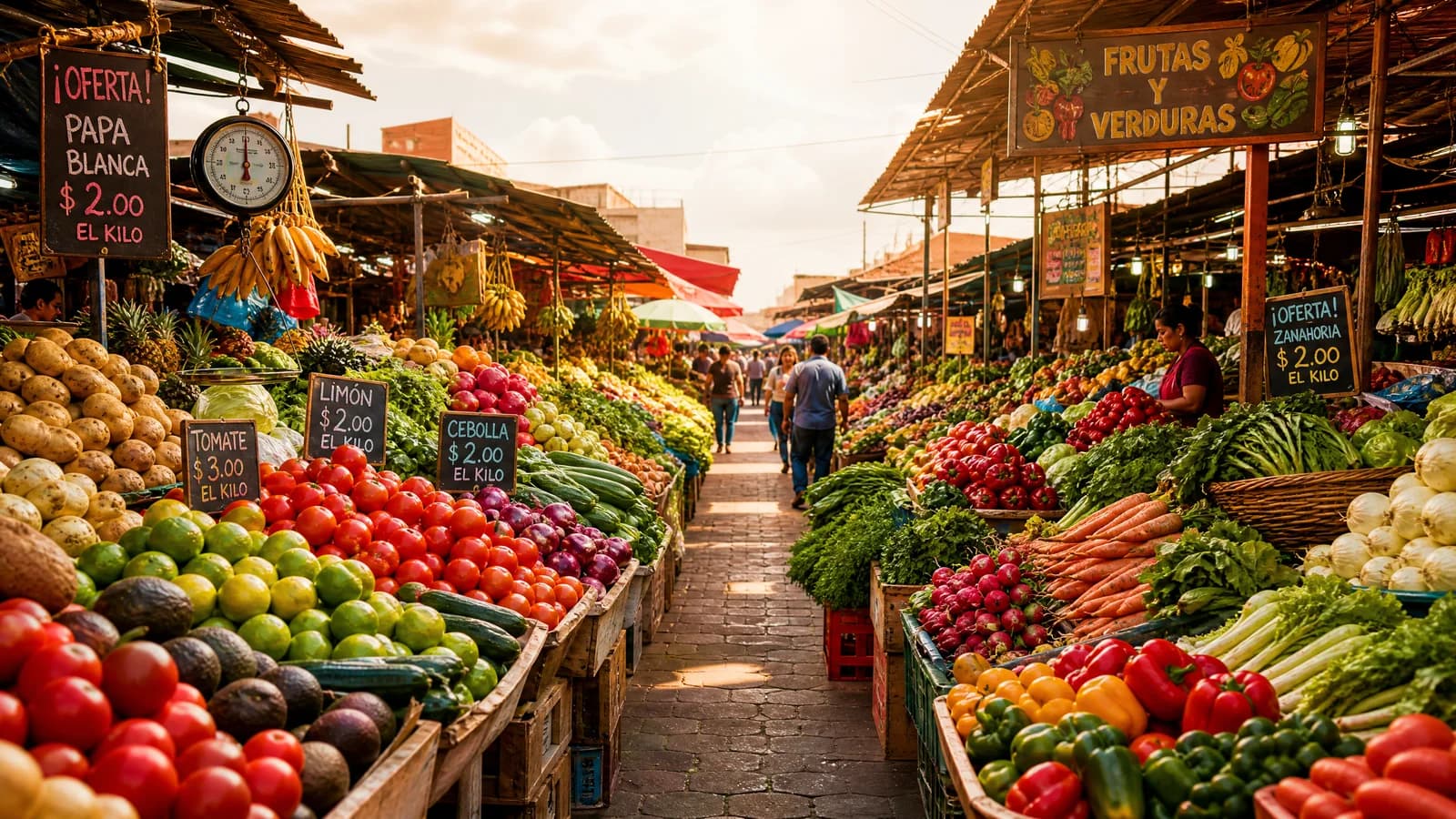 Farbenfroher lateinamerikanischer Markt mit frischen Früchten und Gemüse im Tageslicht