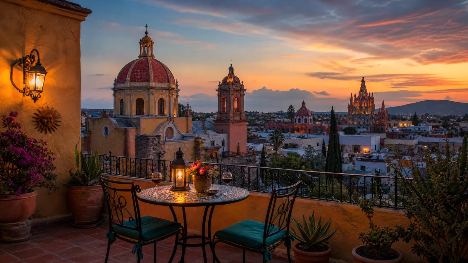 Ruhige Dachterrasse in einer mexikanischen Kolonialstadt am Abend mit Blick auf Kuppeln