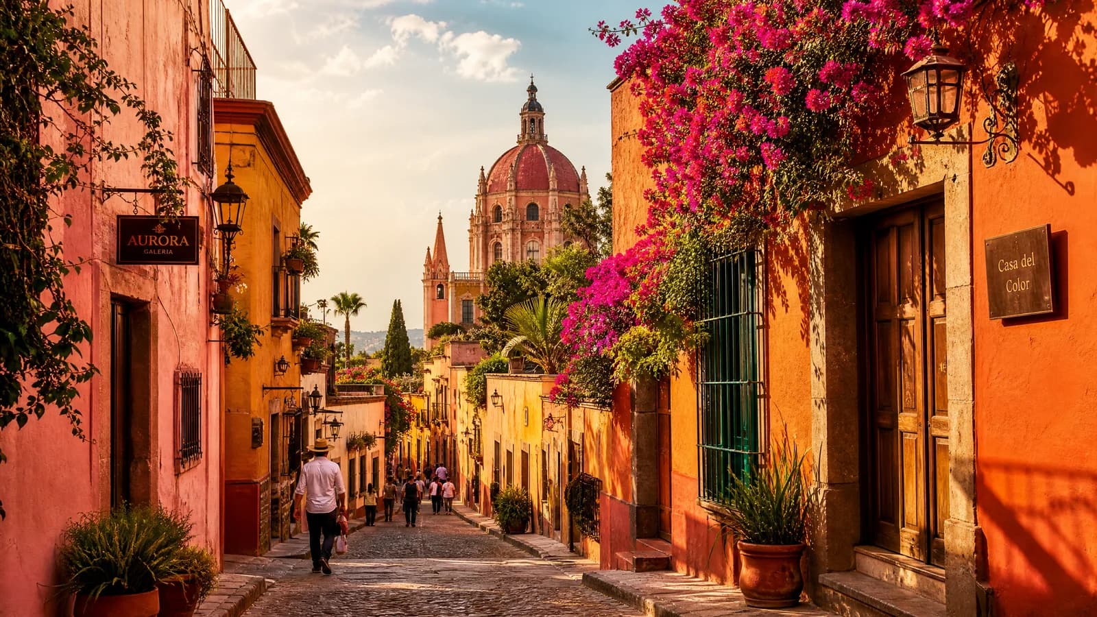 Sonnige koloniale Gasse in einer mexikanischen Stadt am Nachmittag mit Bougainvillea