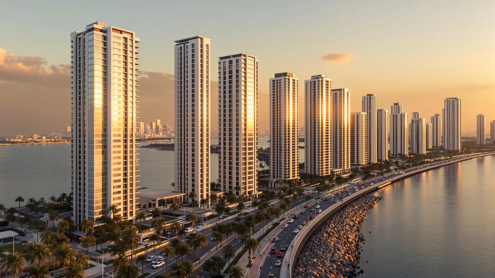 Moderne, helle Wohntürme entlang der Cinta Costera von Panama-Stadt im goldenen Abendlicht, mit Palmen und Promenade am Wasser.