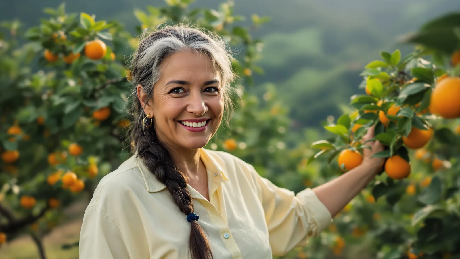 A woman in her late fifties with a grey plait stands among orange trees in an orchard in the green highlands and smiles at the camera, cloud forest behind her.