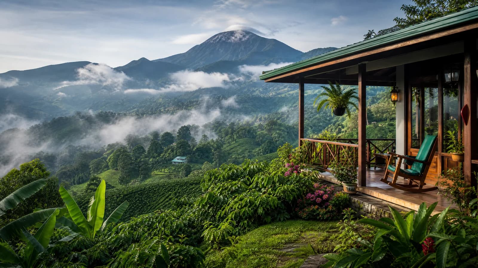 Hochland von Boquete in Panama im Morgennebel mit Kaffeehängen und Vulkan Barú