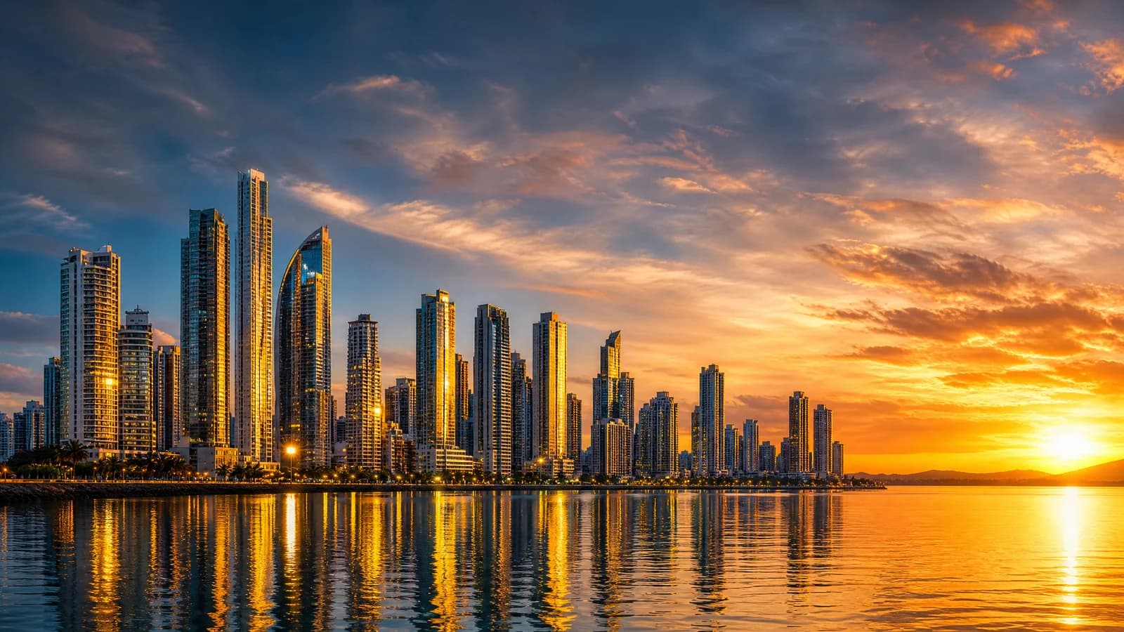 Moderne Skyline von Panama-Stadt mit Wohntürmen im goldenen Abendlicht, gespiegelt im Wasser