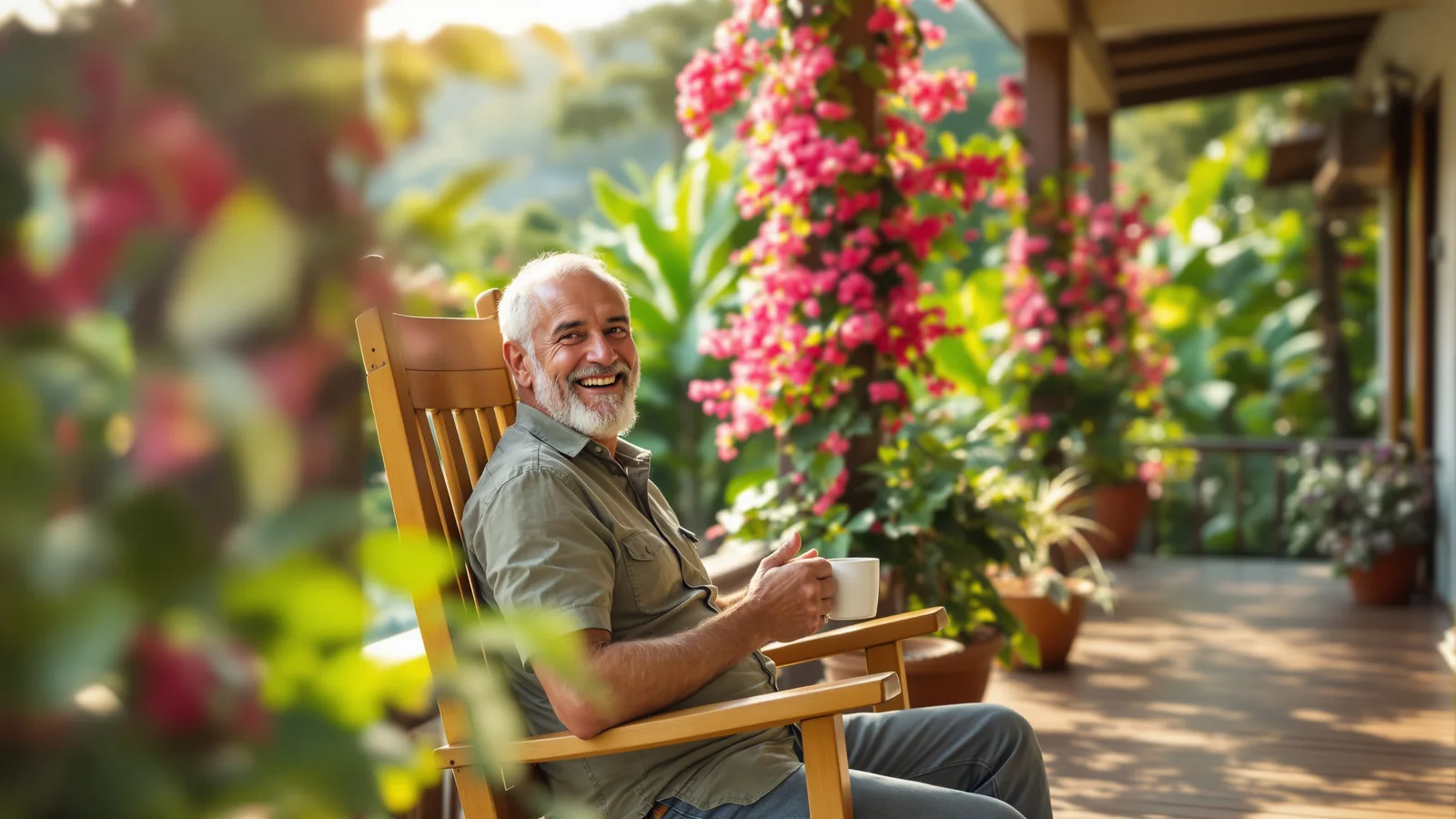 Ein Mann mit grauem Bart sitzt lachend mit einer Tasse Kaffee im Schaukelstuhl auf der blühenden Veranda eines Hauses im grünen Hochland.