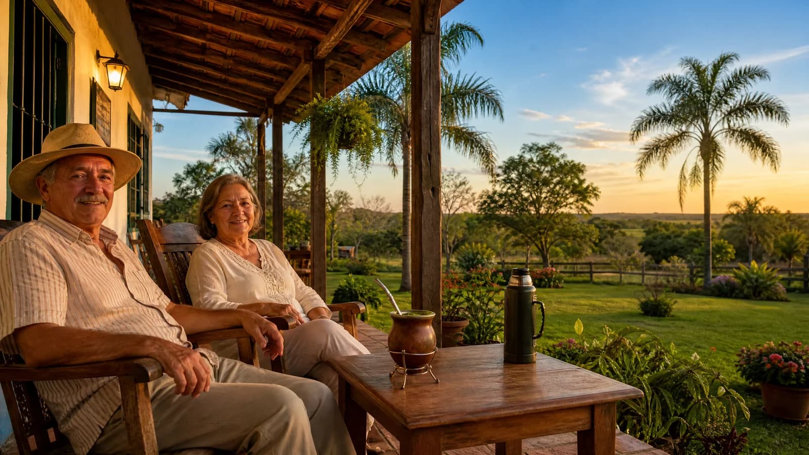 Älteres Paar entspannt auf der Veranda eines Landhauses in Paraguay im goldenen Abendlicht