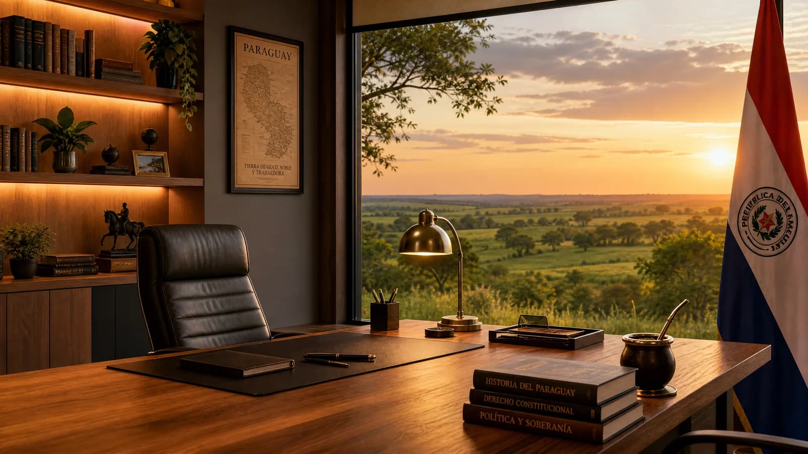 Aufgeräumter Arbeitsplatz mit Laptop und Aktenordner, Fensterblick auf die grüne Weite Paraguays im Abendlicht