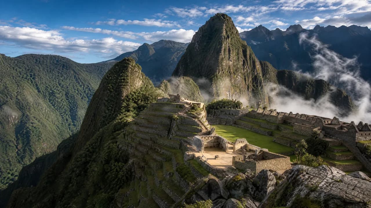 Terrassen von Machu Picchu vor den Anden im Morgenlicht