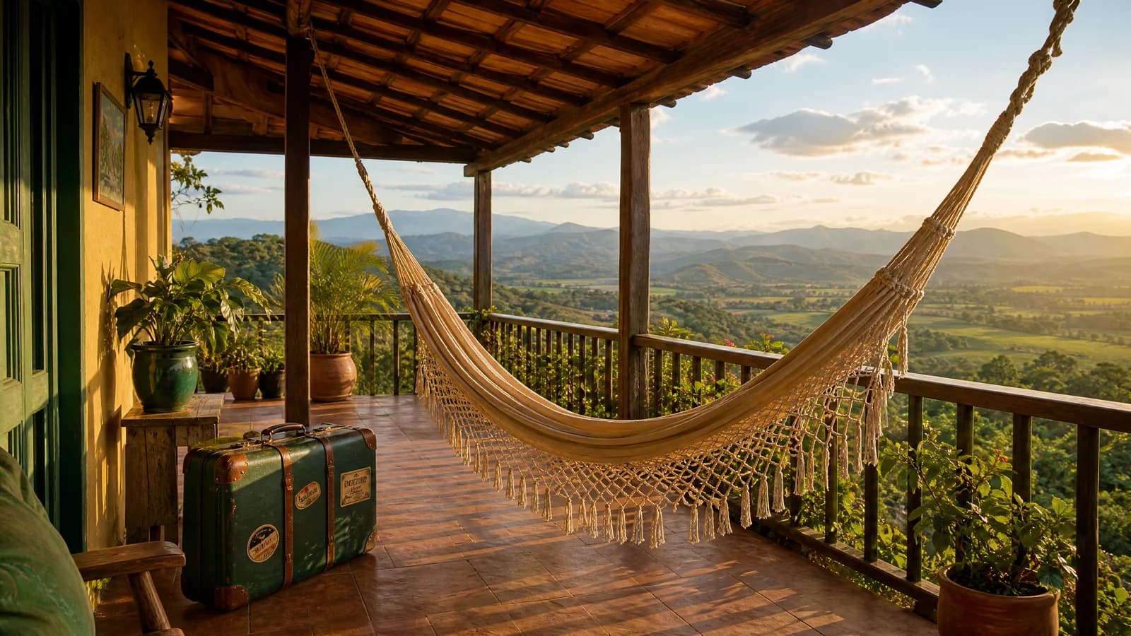Leere Hängematte und Koffer auf einer Veranda mit Blick über eine lateinamerikanische Landschaft