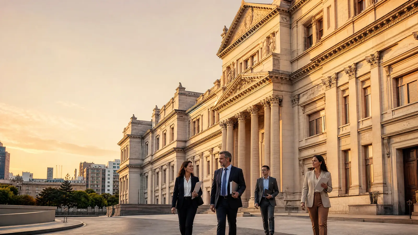 Klassischer Behördenbau in Buenos Aires im goldenen Abendlicht mit Menschen, die Unterlagen tragen