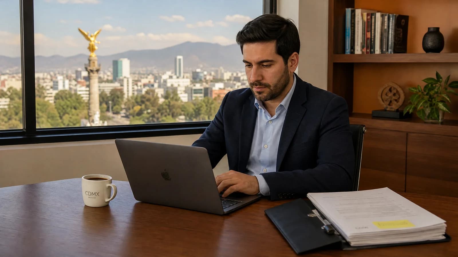 Person arbeitet konzentriert an einem Schreibtisch mit Laptop und Dokumenten, Blick auf eine mexikanische Stadt im Hintergrund.