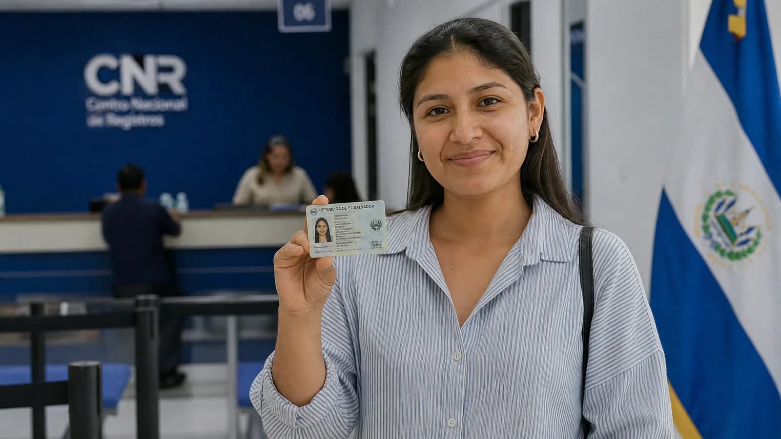 Person haelt laechelnd einen salvadorianischen Personalausweis in einer Behoerde mit salvadorianischer Flagge im Hintergrund.