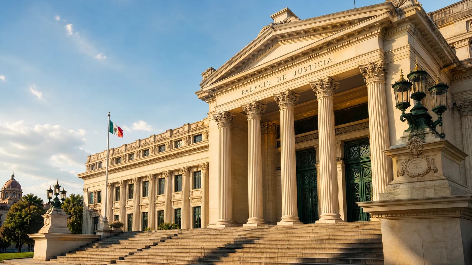 Klassizistische Fassade eines lateinamerikanischen Justizpalastes mit Säulen im warmen Licht
