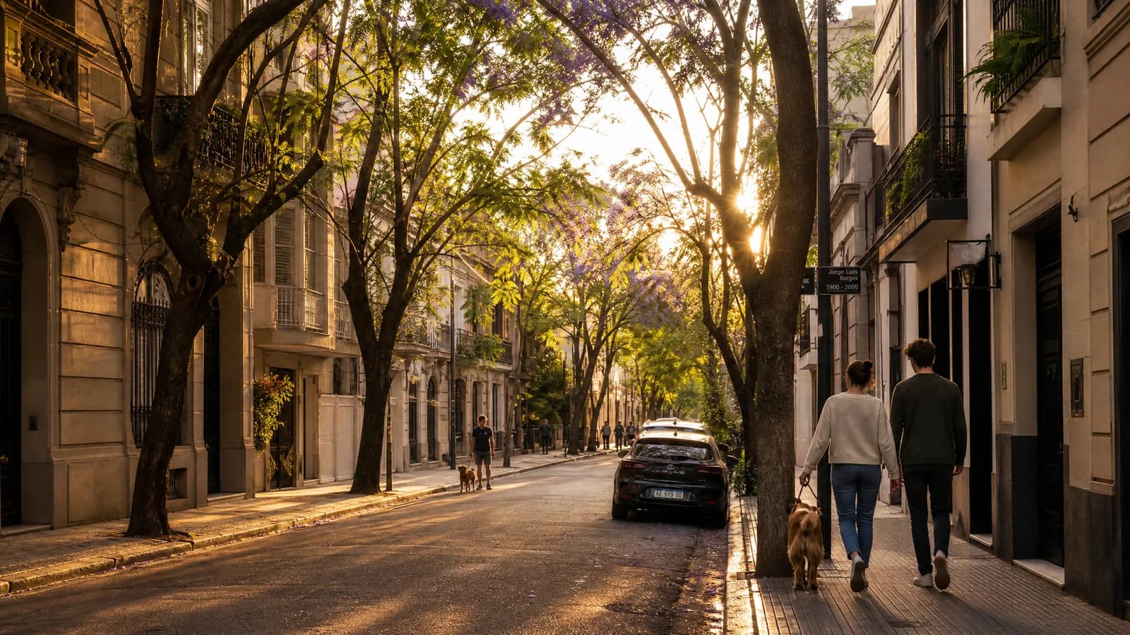 Ruhiges baumbestandenes Wohnviertel in Buenos Aires mit eleganten Altbauten im Abendlicht