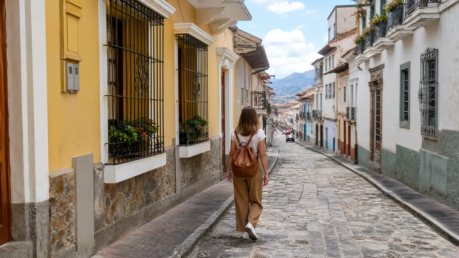 Person geht entspannt durch eine ruhige gepflegte Kolonialstrasse in Cuenca mit anderen Passanten in normaler Alltagsatmosphaere.