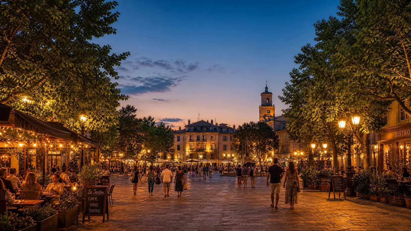 Ruhiger, belebter Stadtplatz am Abend mit beleuchteten Cafés und flanierenden Menschen